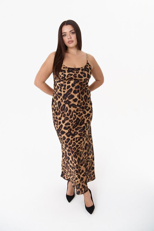 Платье-комбинация на тонких бретелях цепи, леопардовый принт