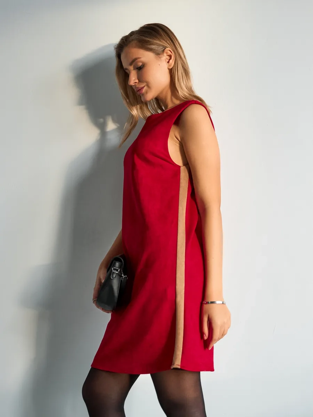 Платье сарафан офисное замшевое А силуэт с лампасами