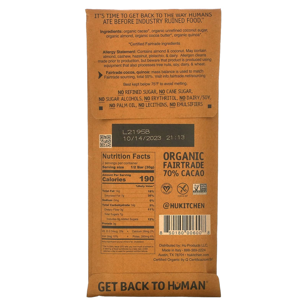Hu, миндальное масло + плющенная киноа, темный шоколад, 60 г (2,1 унции)