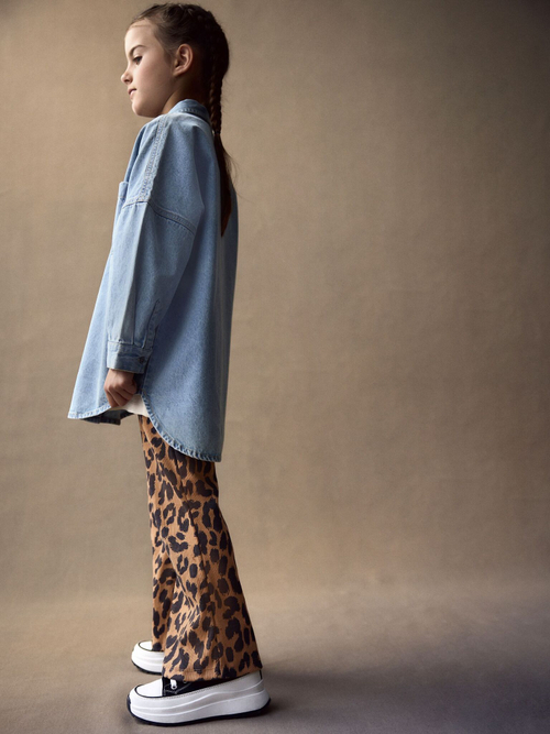 Рубашка джинсовая и легинсы-клеш в комплекте для девочки Next B21-979, Синий, Коричневый, Черный