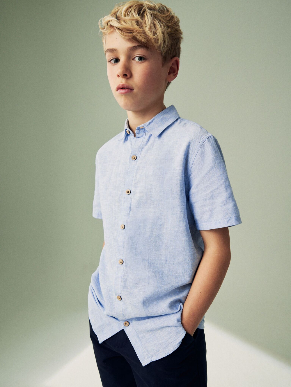 Рубашка льняная с коротким рукавом для мальчика Next 907-584, Голубой