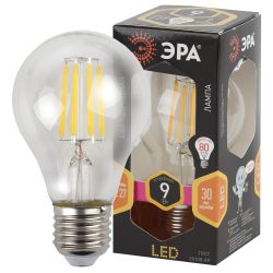 Лампа светодиодная ЭРА F-LED A60-9W-827-E27 9Вт филамент груша теплый белый свет E27 | Филаментные декоративные