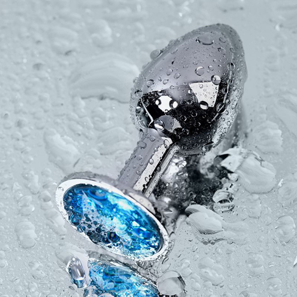 Маленькая коническая серебристая анальная пробка 7см с голубым кристаллом ToyFa Metal 717001-14