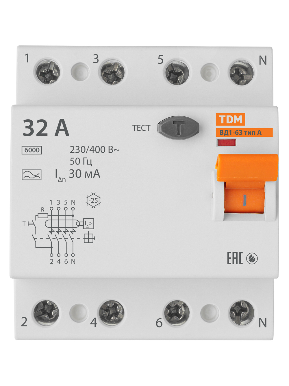 Устройство защитного отключения (УЗО) ВД1-63 4Р 32А 30мА тип А TDM SQ0203-0086