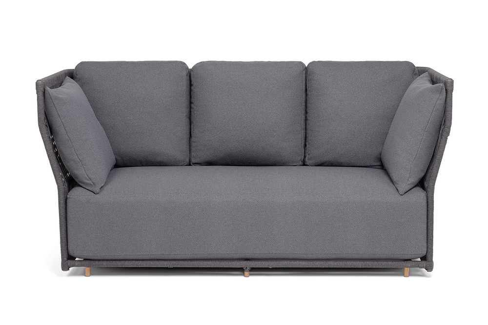 "Лугано" диван 3-местный плетеный из роупа, каркас алюминий темно-серый (RAL7024) муар, роуп темно-серый круглый, ткань темно-серая YB25-0027