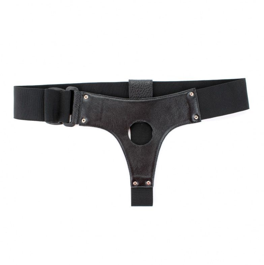 Чёрные трусики для страпона из натуральной кожи (Размер: S-M) (Цвет: черный)