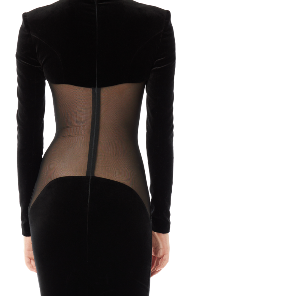 Платье макси из бархата и компрессионной сетки