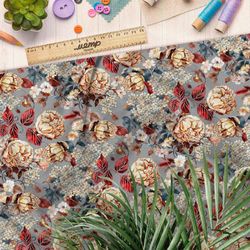 Ткань лен цветы золотистые с красноватым