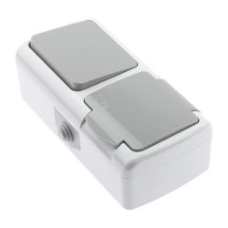 Блок розетка с выключателем Intro Atlantic 5-701-03 одноклавишным 2P+E 10-16А-250В гориз. открытой установки IP54 серый | Intro