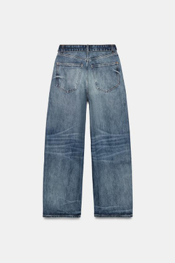 ZARA ДЖИНСЫ TRF СО СРЕДНЕЙ ПОСАДКОЙ И ОТЛОЖНЫМ ПОЯСОМ, МОРСКОЙ СИНИЙ