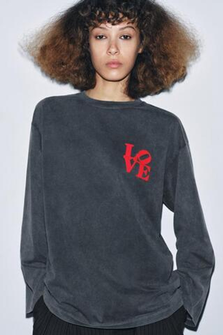 ZARA ФУТБОЛКА С ДЛИННЫМИ РУКАВАМИ С ЭФФЕКТОМ ПОТЕРТОСТИ, АНТРАЦИТОВО-СЕРЫЙ