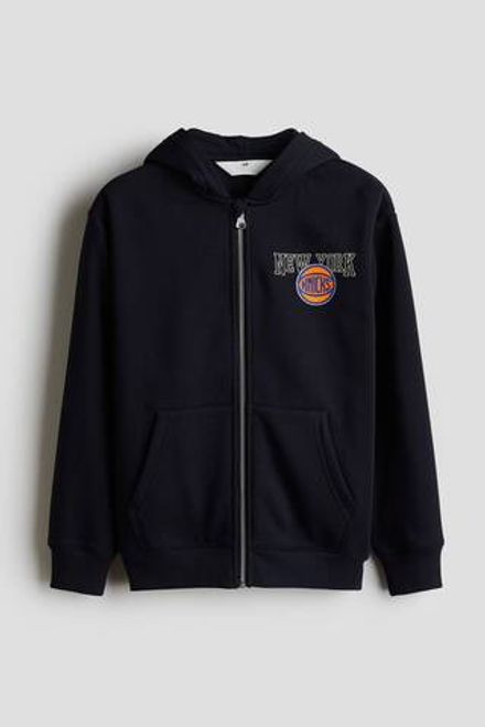 H&M Толстовка с капюшоном на молнии и принтом, темно-синий