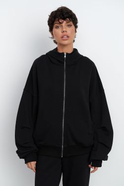 Худи на молнии с защипами на рукавах черного цвета