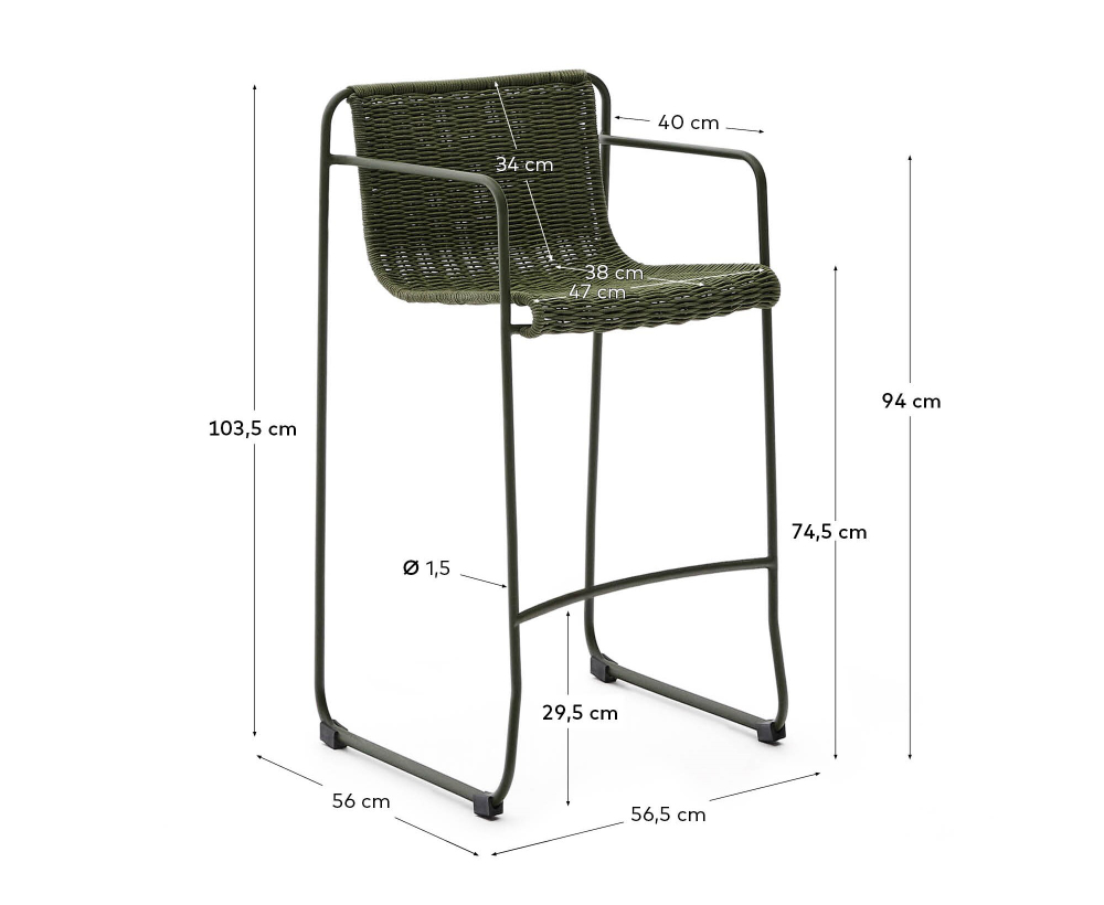 Барный стул Maurina из зелёной оцинкованной стали и зелёной веревки 74,5 см
