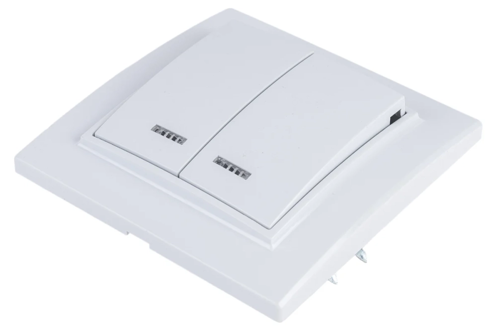 Выключатель STEKKER 2-клавишный с индикатором, 220V, 10А, серия Эрна, белый, PSW10-9002-01 39042