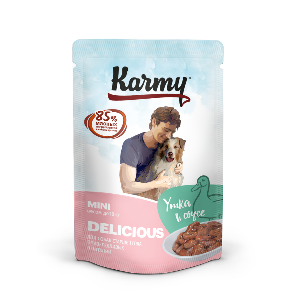 Паучи Karmy Delicious Minii мясные кусочки в соусе для привередливых собак мелких пород старше 1 года Утка 80 г