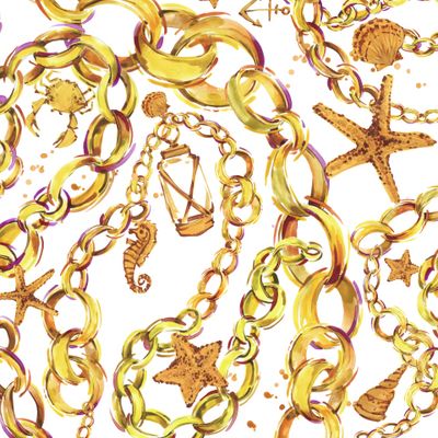 золотые цепи и ракушки акварельный принт