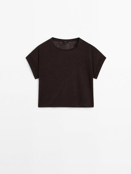 Massimo Dutti Футболка из полупрозрачного 100% льна, шоколадный