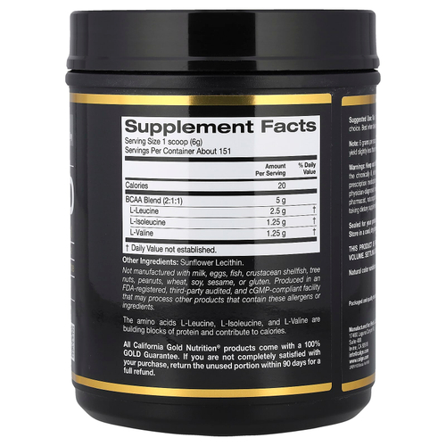 California Gold Nutrition, быстрорастворимый порошок BCAA с L-лейцином, L-изолейцином и L-валином, без ароматизаторов, 907 г (2 фунта)