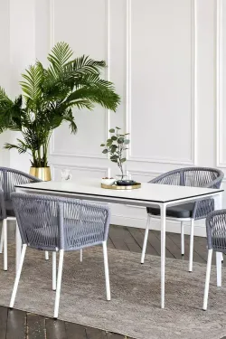 "Малага" обеденная группа на 4 персоны со стульями "Марсель", каркас белый, роуп светло-серый