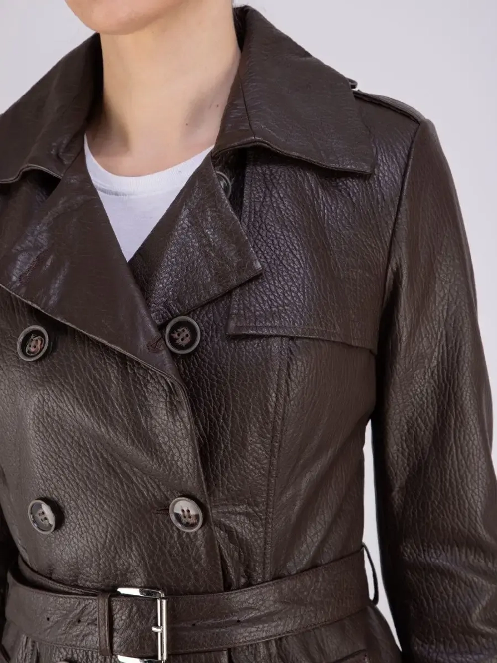 Тренч длинный кожаный с поясом плащ на весну