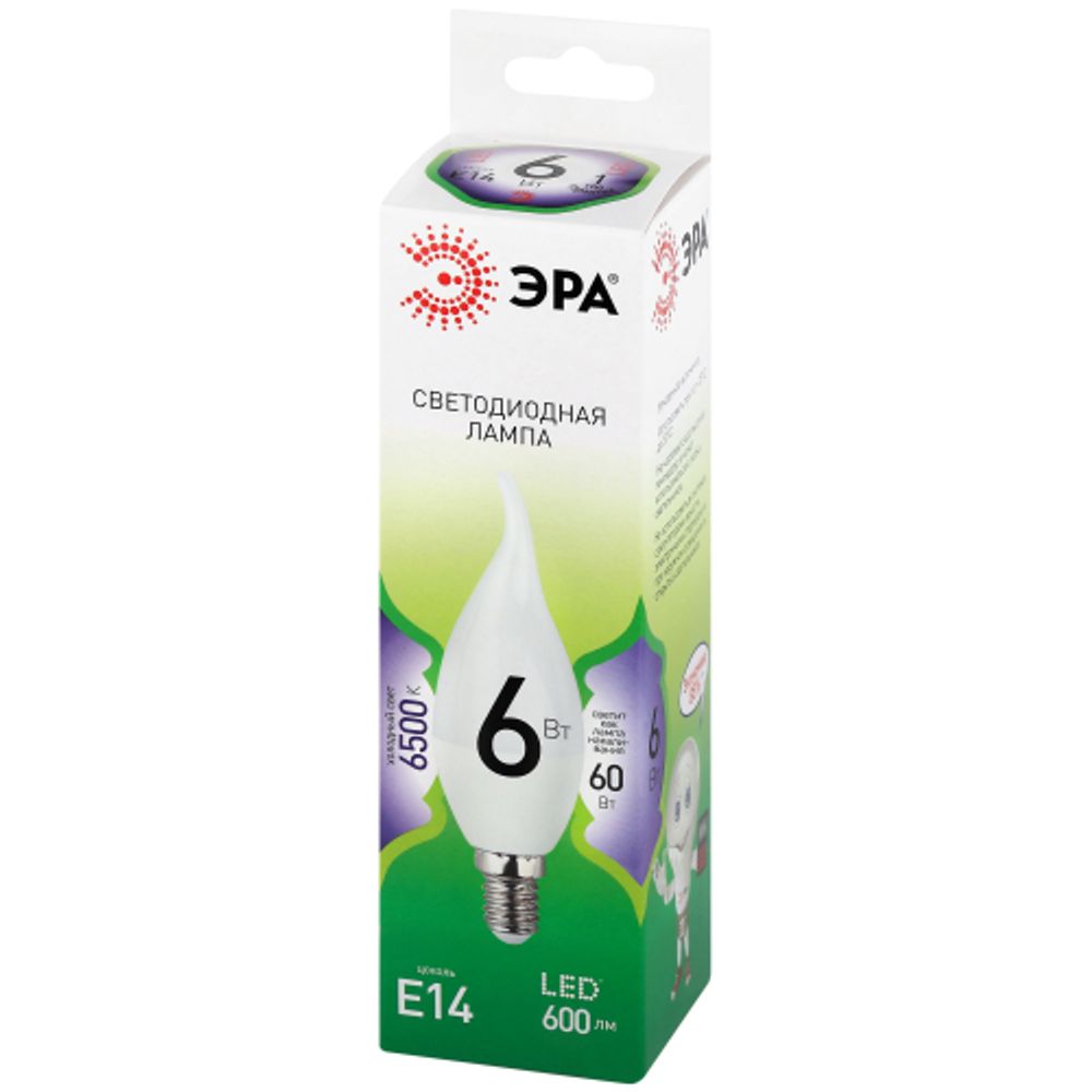 Лампа светодиодная ЭРА GREEN LINE LED BXS-6W-865-E14 GL 6Вт свеча на ветру холодный свет E14 | Лампы cветодиодные Свеча (B/C)