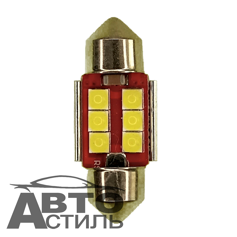 Светодиод 12V T11x31  6SMD 3030 WHITE CAN FSL35 (SJ-3106) (салон) с радиатор на красном фонY0002-31