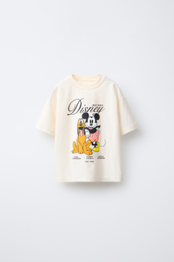 ZARA ФУТБОЛКА С ПРИНТОМ MICKEY MOUSE AND PLUTO © DISNEY, ЖЕЛТОВАТО-БЕЛЫЙ