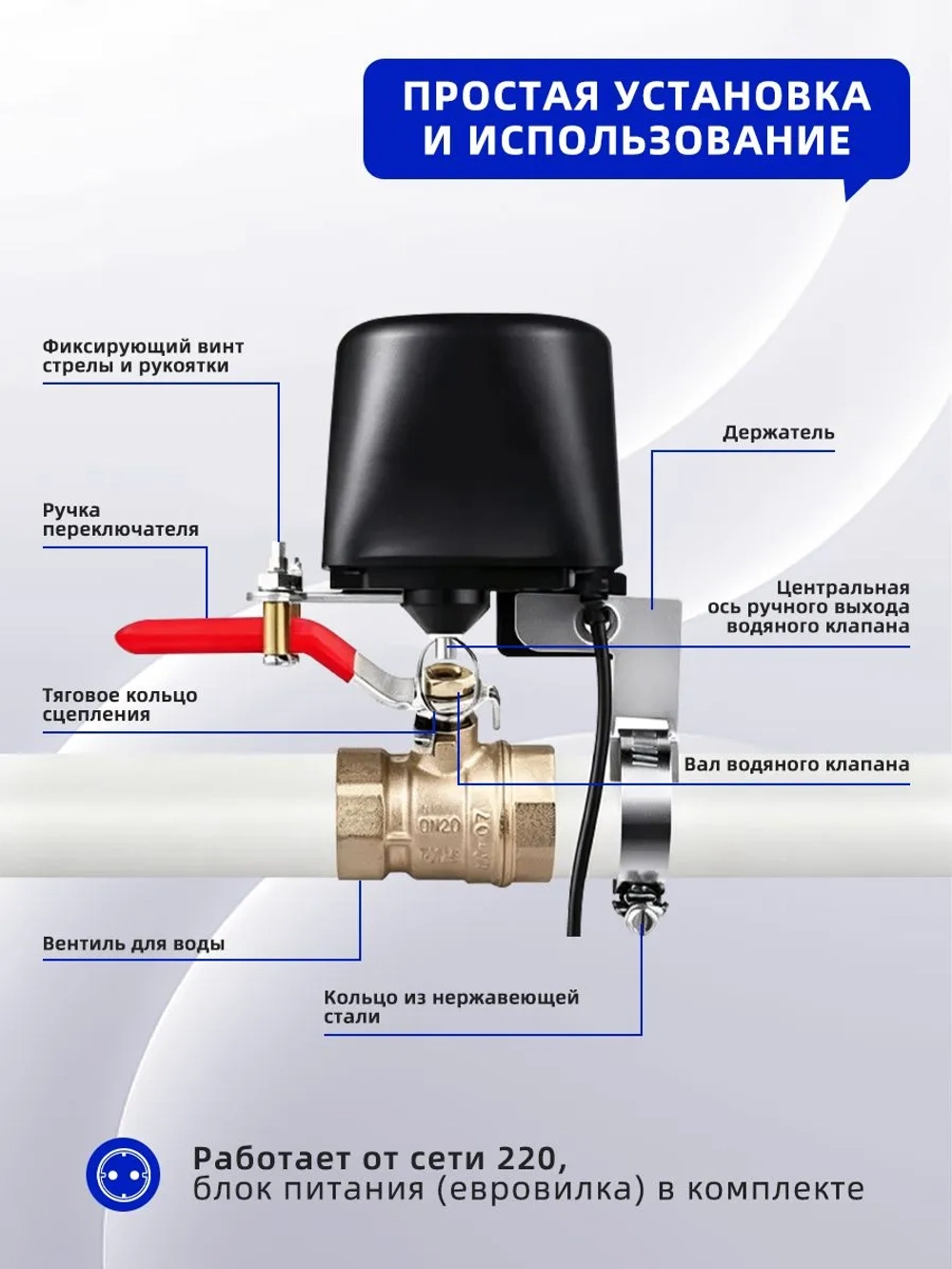 Умный Wi-Fi привод перекрытия воды/газа/шарового крана с поддержкой Яндекс Алиса