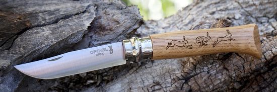 Складной нож Opinel №8 Animalia, нержавеющая сталь, рукоять дуб, гравировка заяц c клинком из стали Sandvik™ 12С27