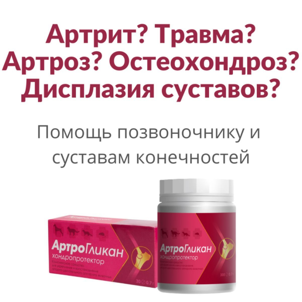 Кормовая добавка, хондропротектор нового поколения, улучшающая состояние печени и сердца у кошек, собак, крыс и хорьков АртроГликан (Биоцентр), 300таблеток