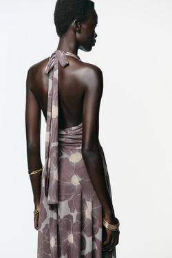 ZARA ДЛИННОЕ ПЛАТЬЕ ИЗ ТЮЛЯ С ПРИНТОМ И ВЫРЕЗАМИ, СЕРО-КОРИЧНЕВЫЙ