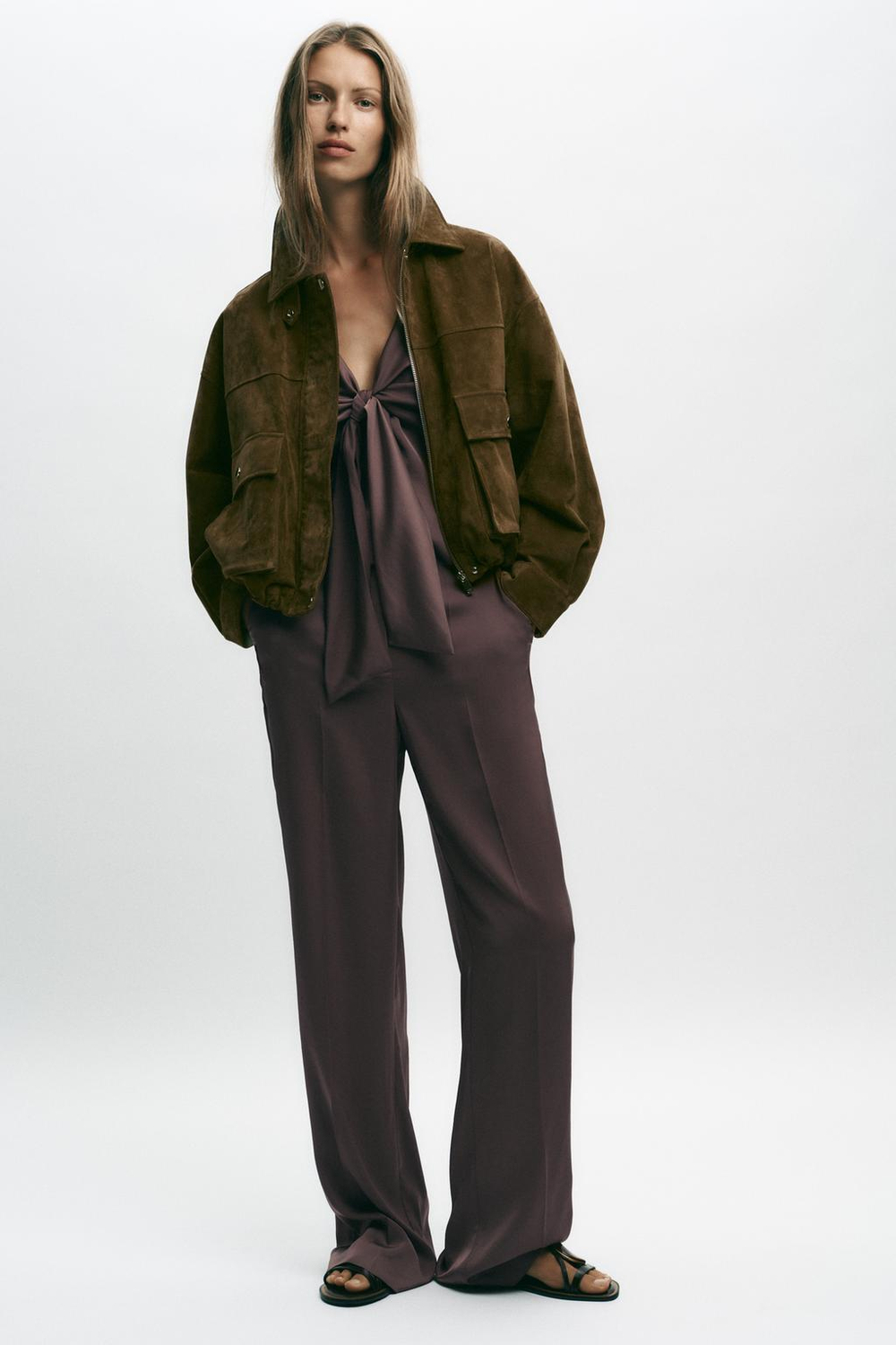 ZARA АТЛАСНЫЙ КОМБИНЕЗОН-ЖИЛЕТ С УЗЛОМ, СЕРО-КОРИЧНЕВЫЙ