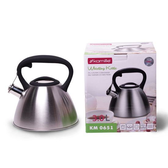 Чайник 3 л. из нержавеющей стали со свистком Kamille KM-0651 с черной бакелитовой ручкой