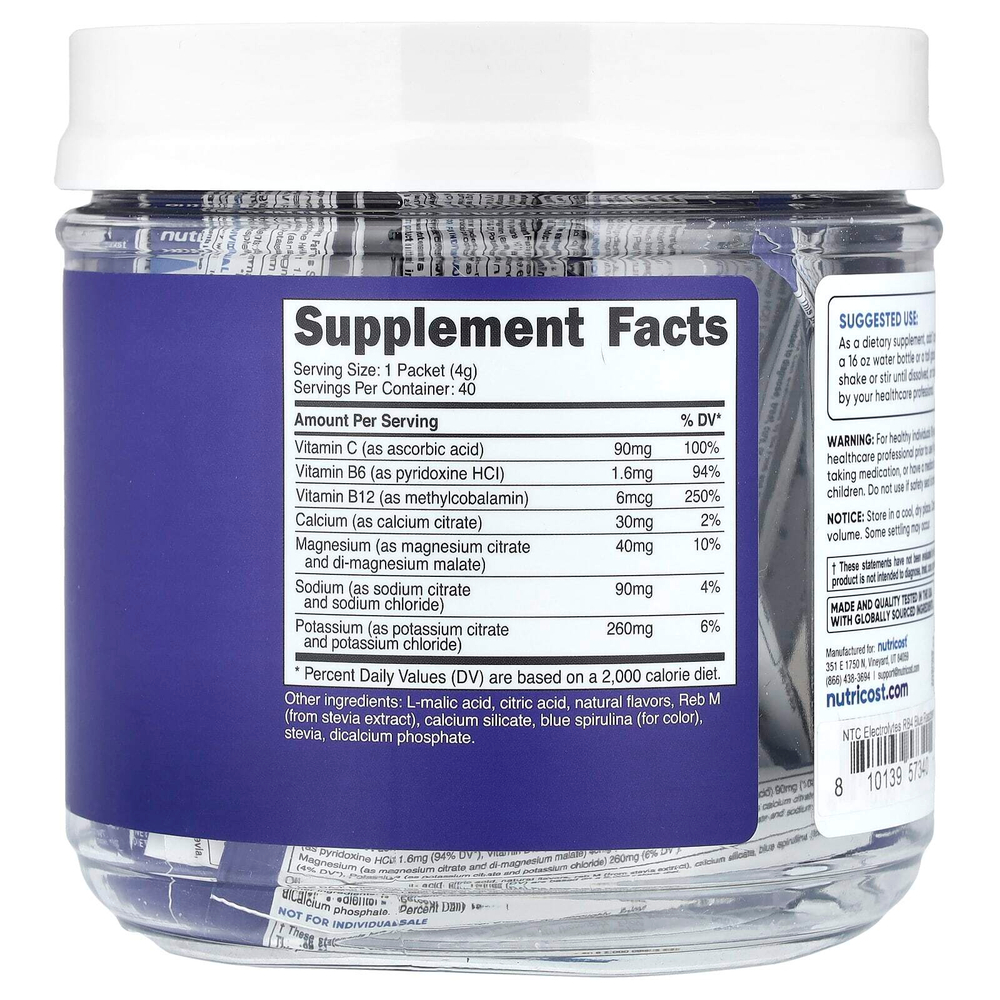 Nutricost, Электролиты, улучшенный комплекс для увлажнения, голубая малина, 40 пакетиков по 4 г (0,14 унции)