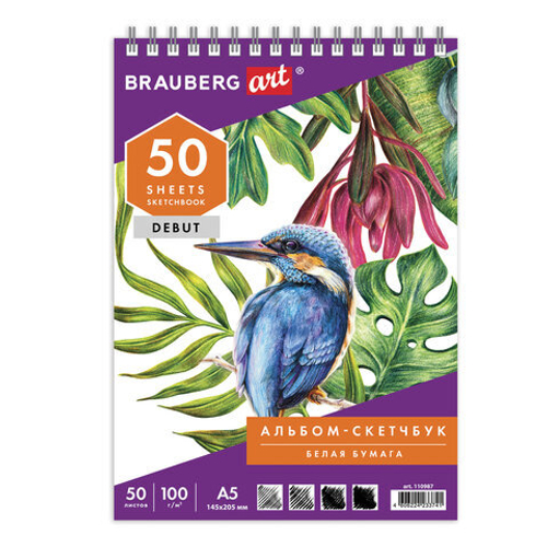 Скетчбук, белая бумага 100 г/м2, 145х205 мм, 50 л., гребень, жёсткая подложка, BRAUBERG ART DEBUT, 110987 И