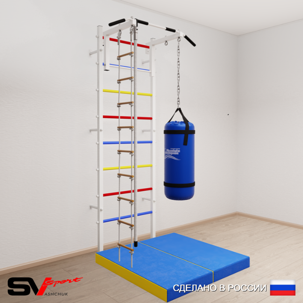 Шведская стенка Sv Sport усиленная 6147 (Турник стандарт/Канат/Лестница/Цепь/Мешок 30кг/Мат 1м)