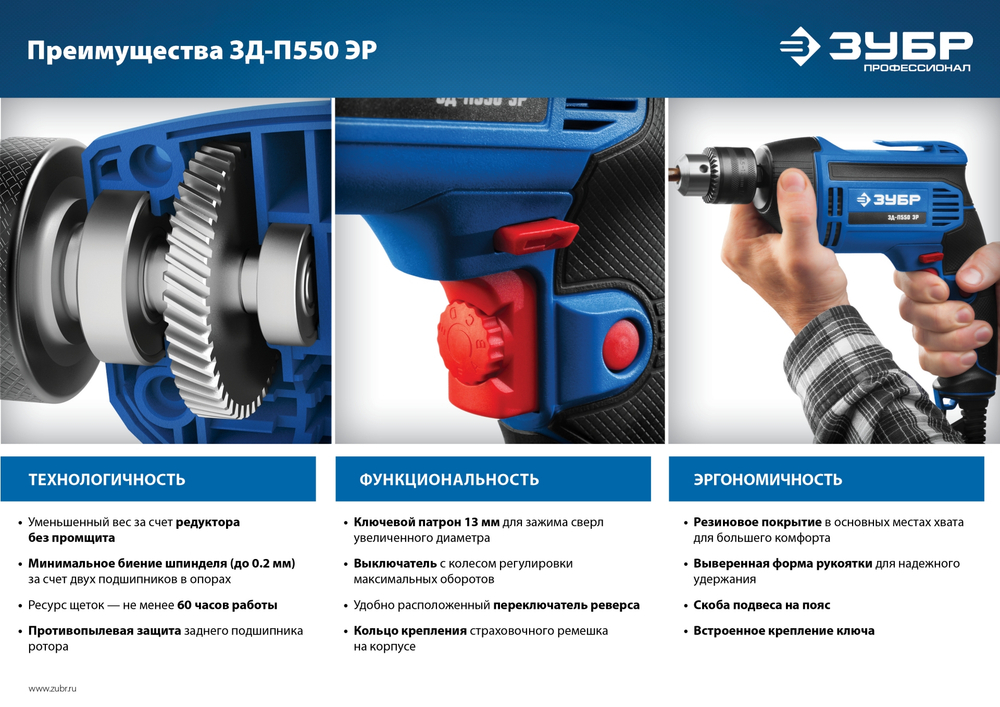 ЗУБР 550 Вт, 13 мм, безударная дрель, Профессионал (ЗД-П550 ЭР)