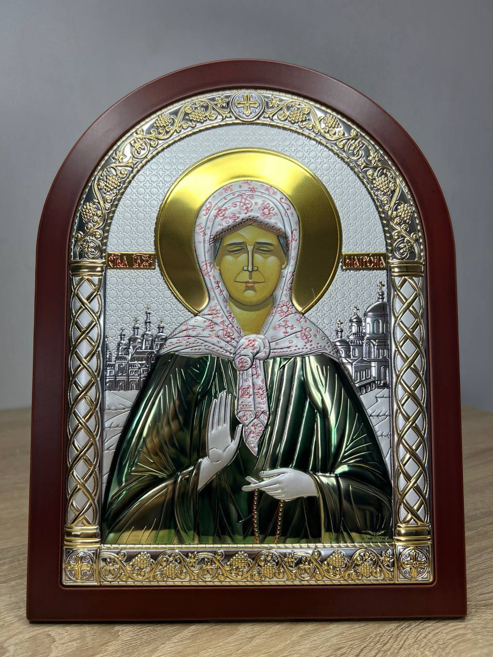 Матрона, икона арочная, красное дерево, эмаль 206х275