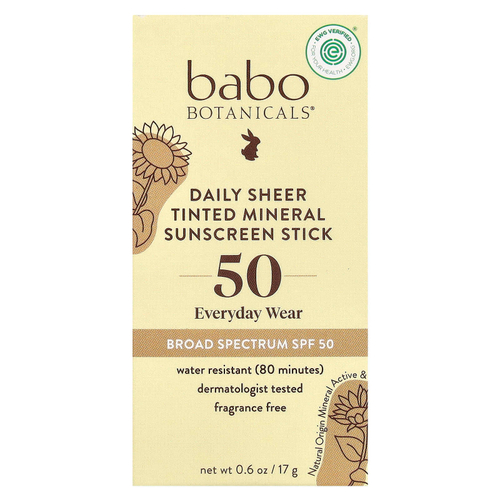 Babo Botanicals, ежедневный минеральный солнцезащитный стик с оттенком, SPF 50, без отдушек, 17 г (0,6 унции)
