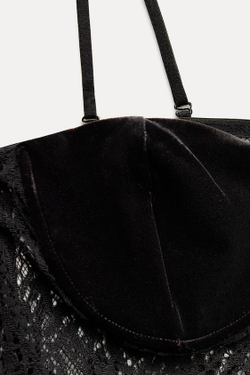 ZARA ТОП ИЗ БАРХАТА С КРУЖЕВОМ, ЧЕРНЫЙ