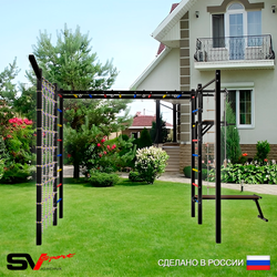 Уличная шведская стенка Sv Sport рукоход с комплектом турник прямой 2шт У5107 (Турник/Брусья/Скамья/Кронш бокс/Канат/кольца/лестница/Сетка)