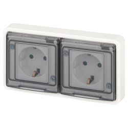 Розетка ЭРА Эксперт 11-2524-01 двойная с заземлением с крышкой 2х2P+E горизонт. IP55 шторки 16A-250В СУ белый | Эра Эксперт