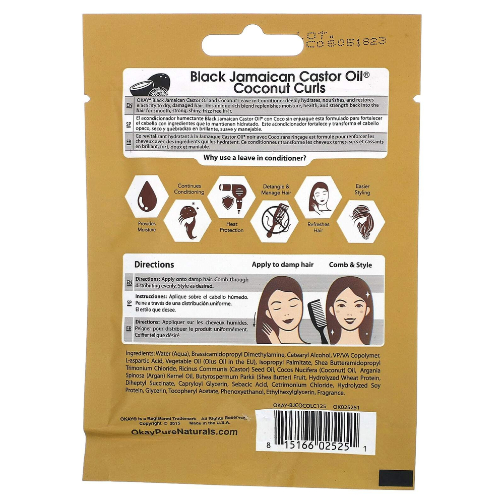 Okay Pure Naturals, Черное ямайское касторовое масло, кокосовые локоны, оставьте в кондиционере для глубокого проникновения, 37 мл (1,25 жидк. унц.)