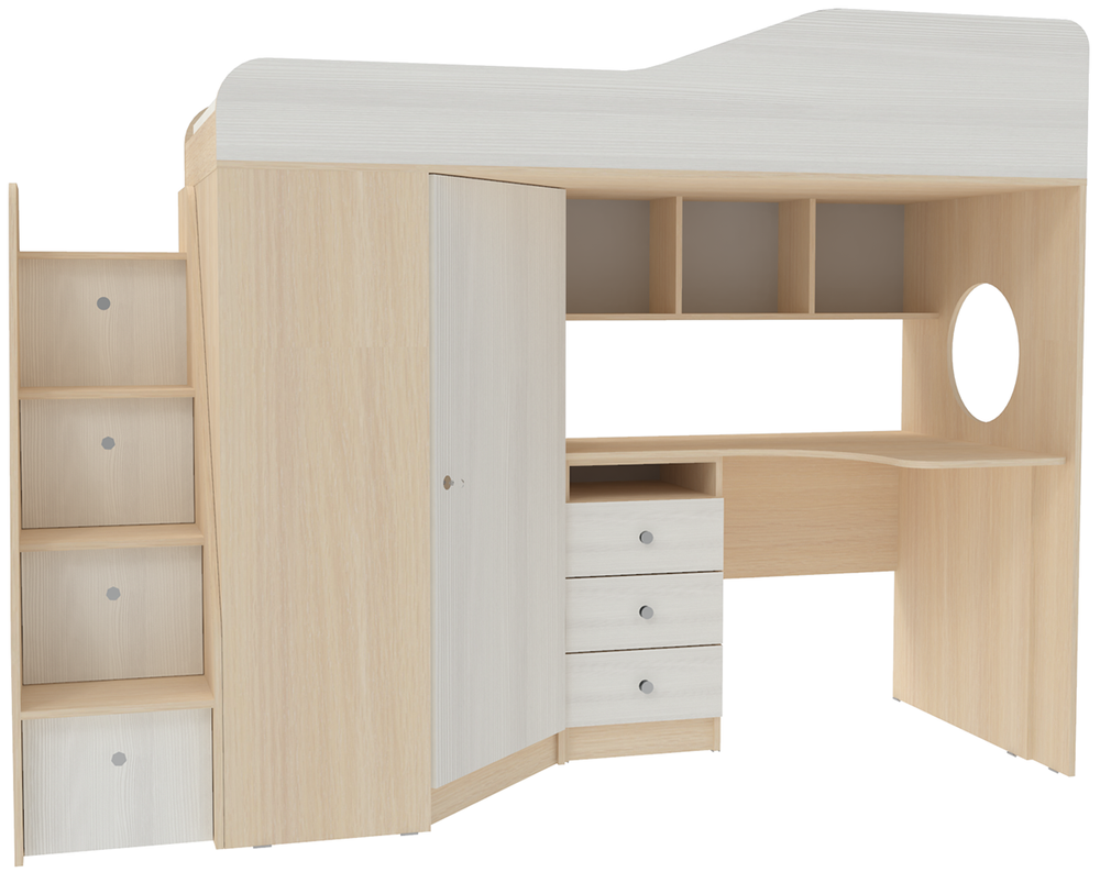 Кровать-чердак КарИВи Кадет 1 с универсальной лестницей  Дуб Молочный Белое Дерево