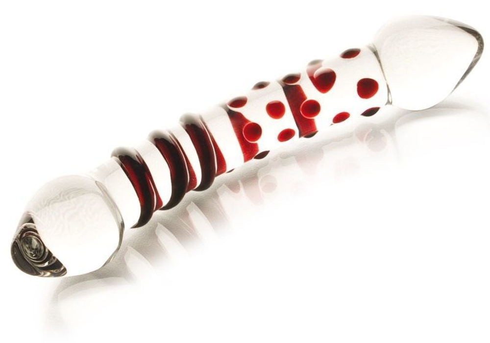 Стеклянный фаллос Sexus Glass двусторонний, точки и спираль, 20 см