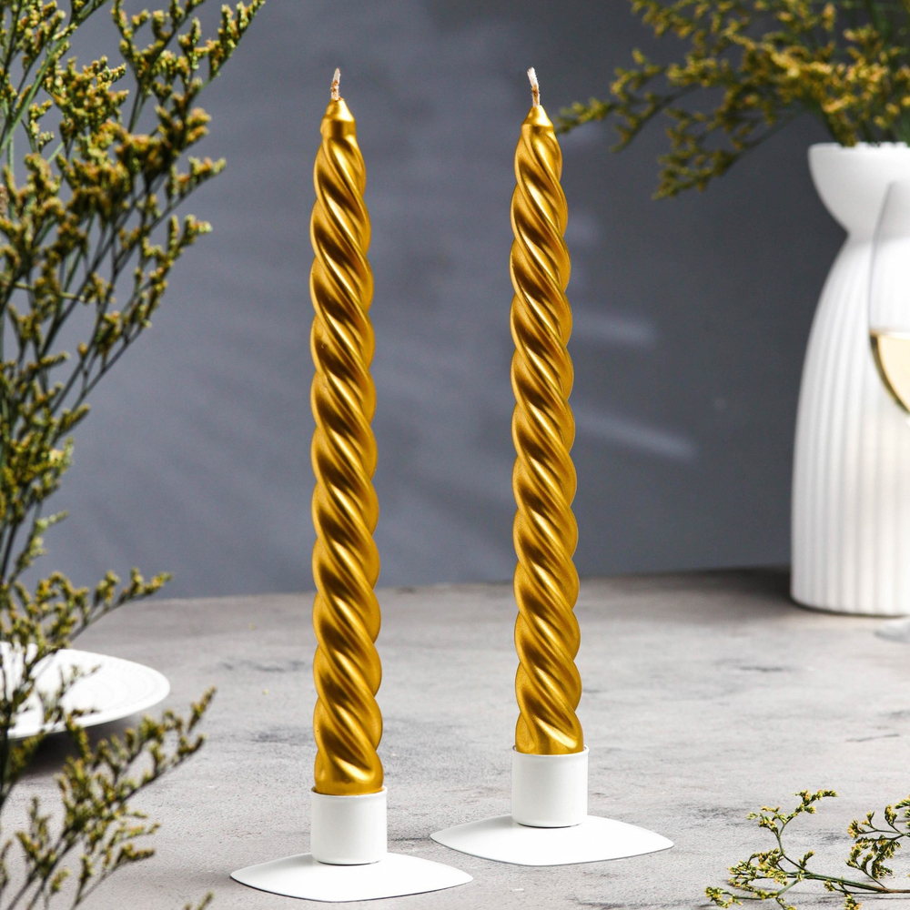 Набор свечей витых, 2.3×24.5 см, 5 ч, 50 г, 2 шт., золотой