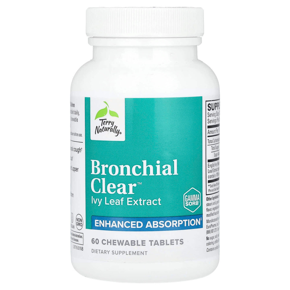 Terry Naturally, Bronchial Clear ™, экстракт листьев плюща, 60 жевательных таблеток (50 мг на таблетку)