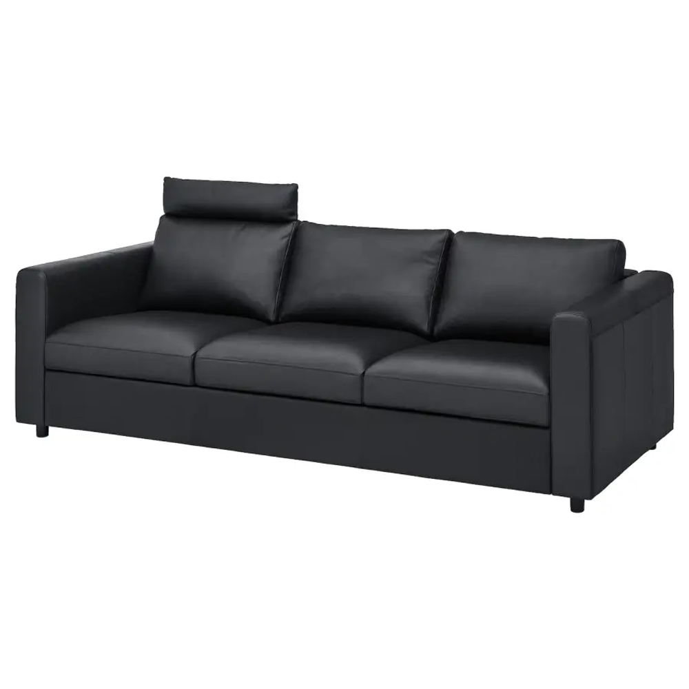 3-местный диван с подголовником - IKEA VIMLE, 241х98х80 см, черный, кожа, ВИМЛЕ ИКЕА