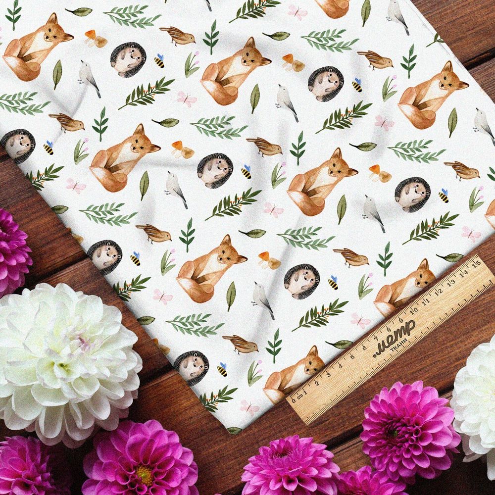 Ткань лен лисята и ежата